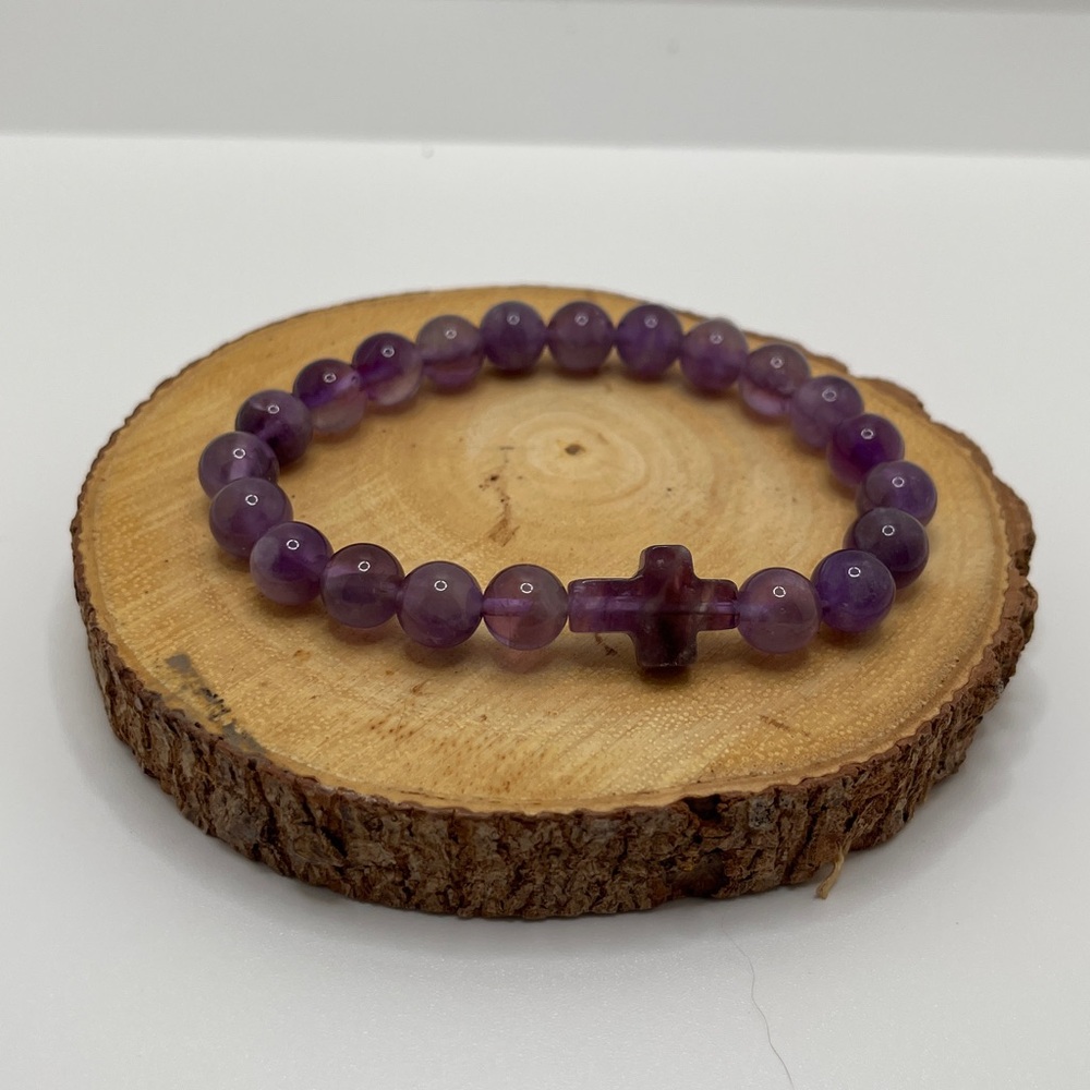Amethyst Beaded Bracelet with Cross Charm - Picture 2 of 2